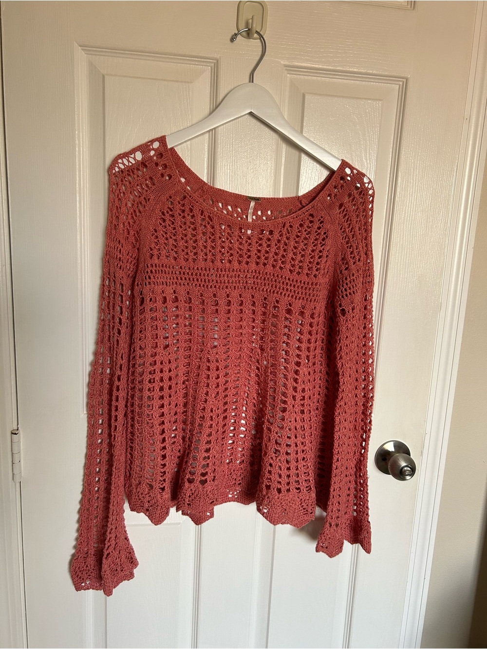 Free People Coral Openwork Scoop-Neck Pullover